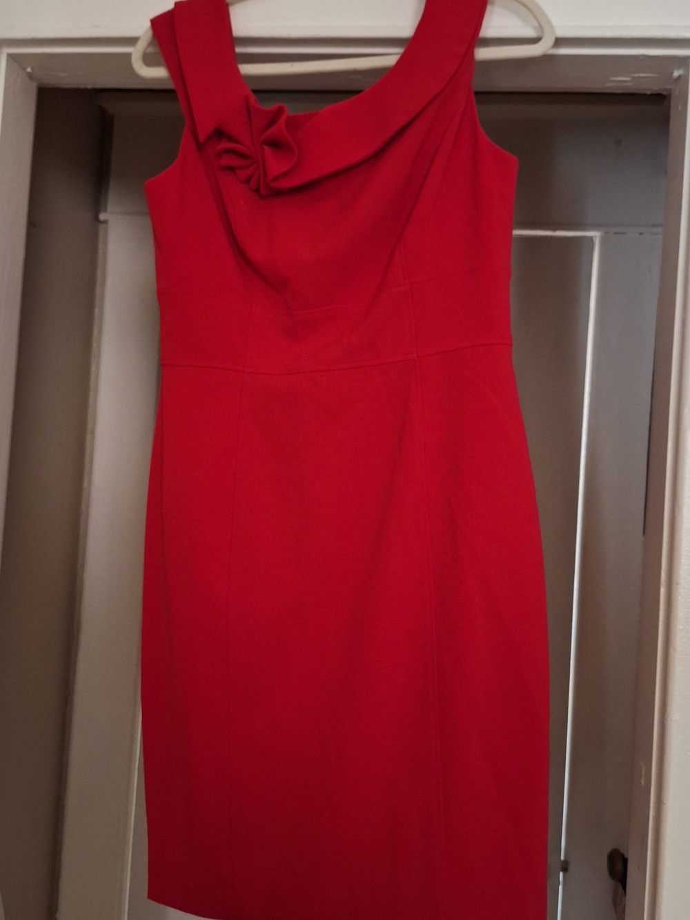 Calvin Klein Vibrant Red Sleeveless Midi Sheath Dress with Rosette Detail